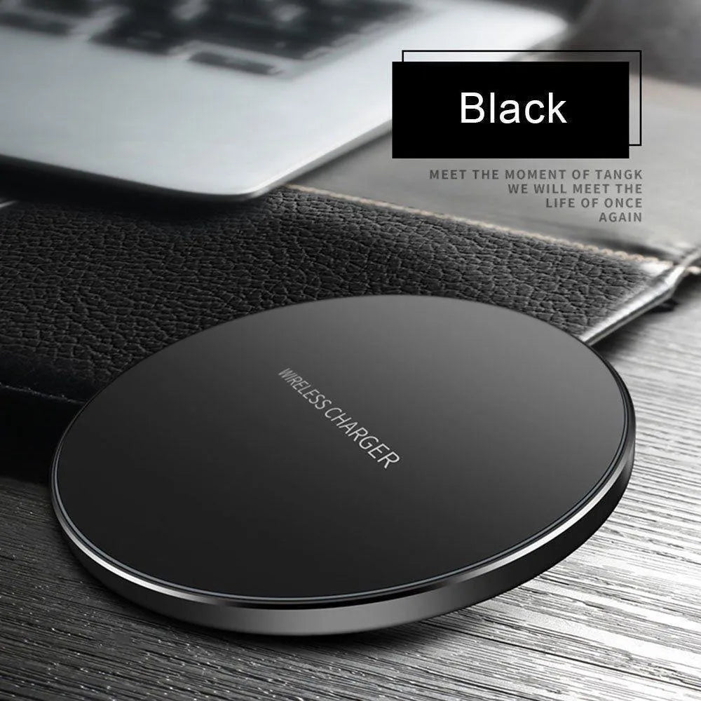 Black square wireless charging pad with ultra-thin profile and USB cable for fast 9V QI charging