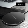 Black square wireless charging pad with ultra-thin profile and USB cable for fast 9V QI charging