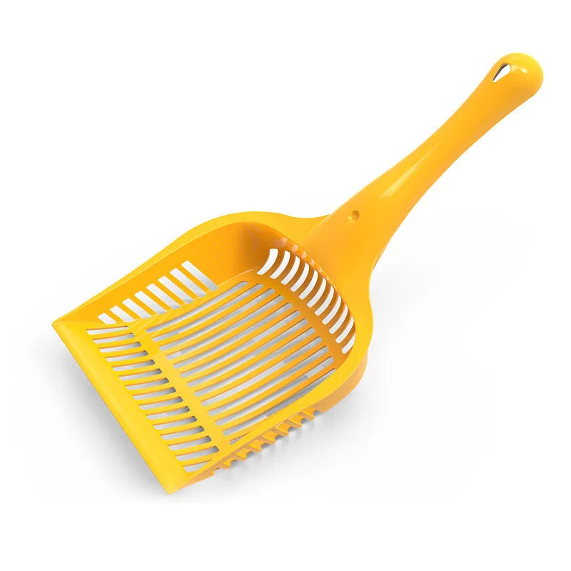 Red, yellow, and blue plastic cat litter scoops in small and medium sizes on a white background.
