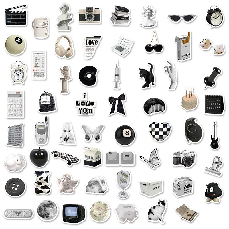 61-piece pack of black and white PVC waterproof decorative stickers for laptops and bottles.