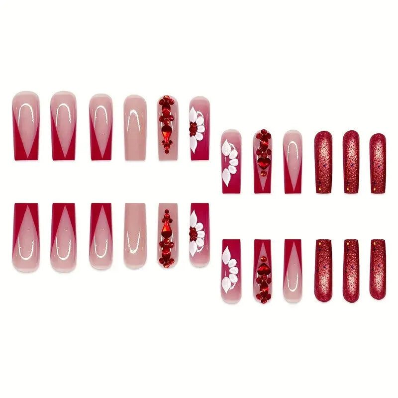 Sweet flowers temperament prismatic red diamond removable fake nails set with European square shape