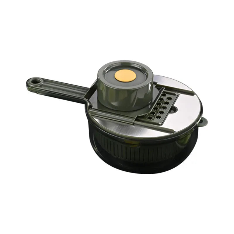 Multifunctional vegetable slicer in grey or green with five stainless steel blades, hand guard and paring knife