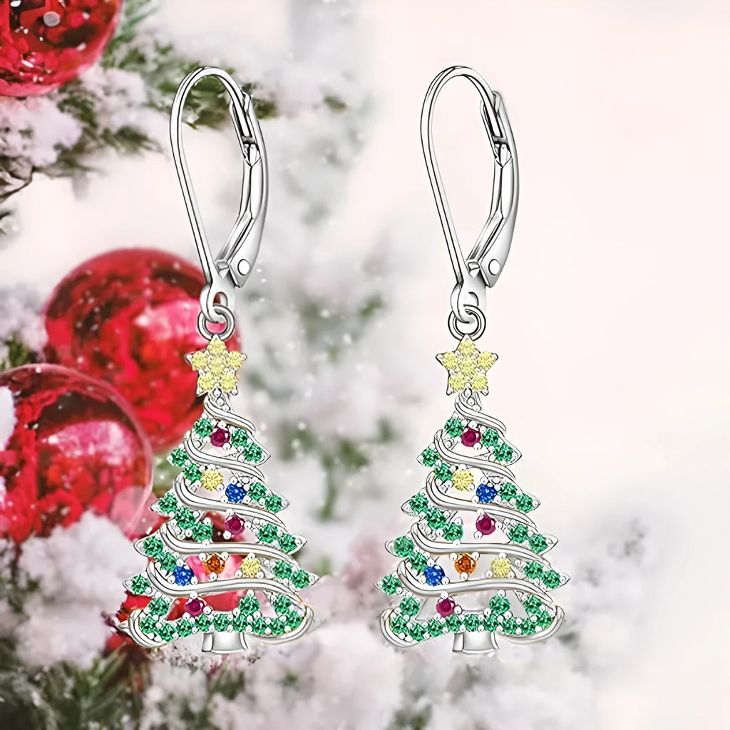 Women's copper Christmas tree earrings with star shape and white gold colour finish