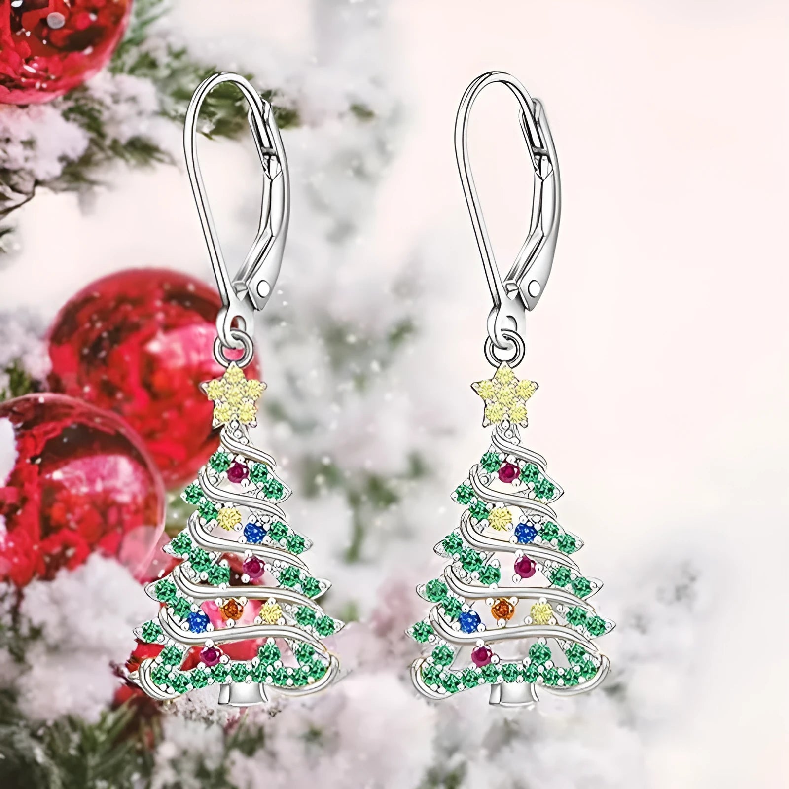 Women's copper Christmas tree earrings with star shape and white gold colour finish