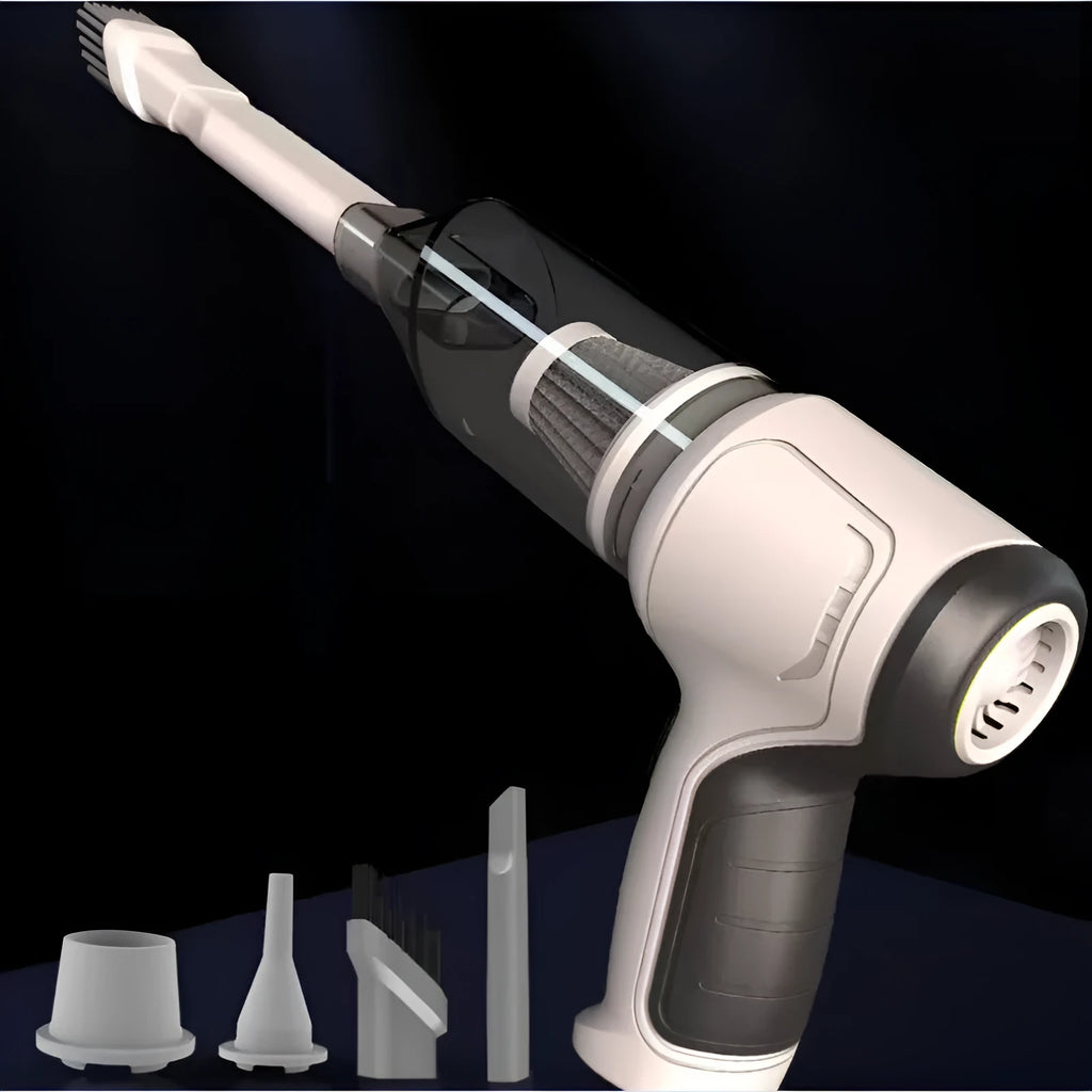 Wireless handheld car vacuum cleaner in gold or silver colour with dust bucket.