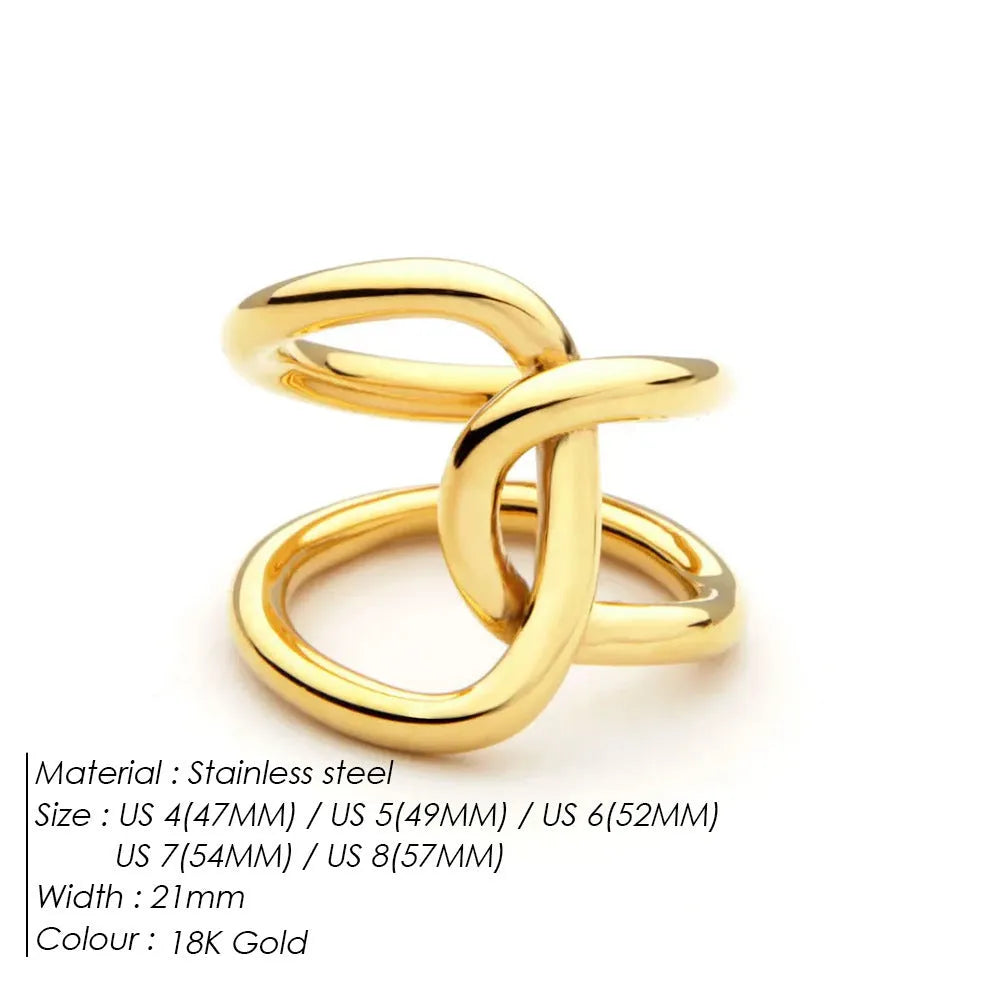 Adjustable stainless steel women's ring with geometric knot design on a U-shaped open band.