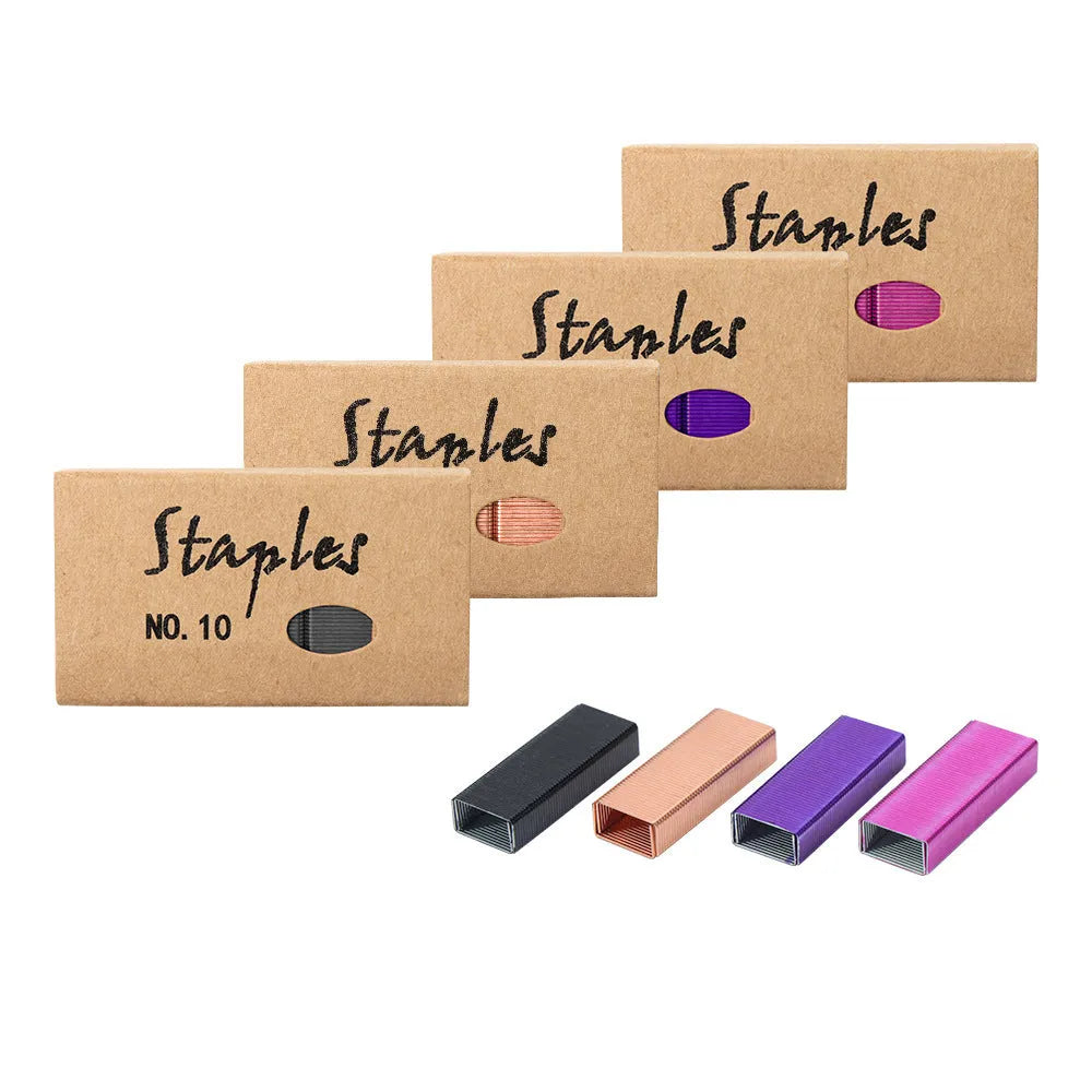 Box of 1000 metal office staples in black, purple, rose gold, and rose red colours