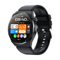 Black and silver Android smart watch with circular screen, silicone band, showing Bluetooth call and NFC access control functions.