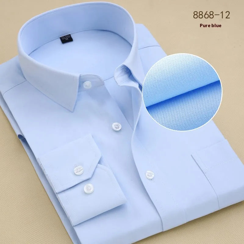 Men's black cotton long sleeve business shirt with slim fit and cardigan style on hanger