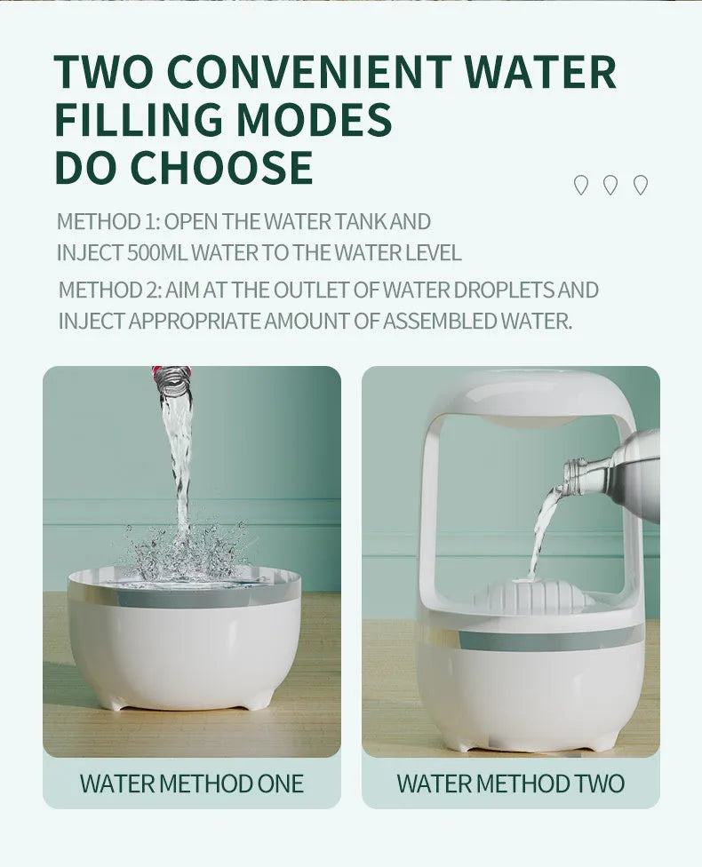 White anti-gravity humidifier showing water droplet backflow effect with USB cable connection
