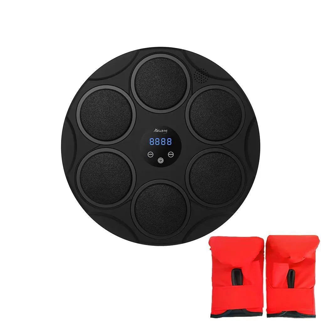 Black smart Bluetooth boxing hanging target with coloured lights, wall mount set and cable.