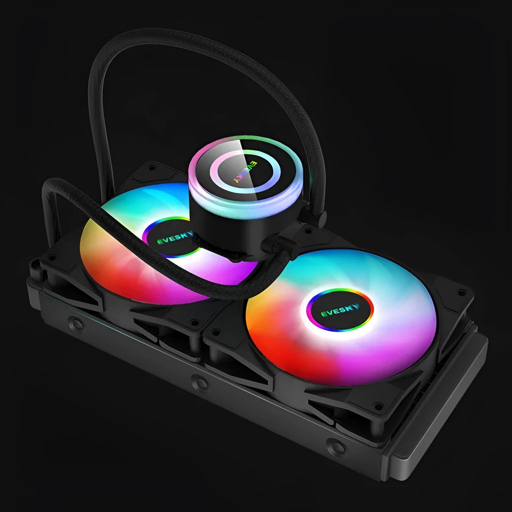 Aluminium CPU radiator with RGB fan, showing multi-angle adjustment and clean design for PC cooling.