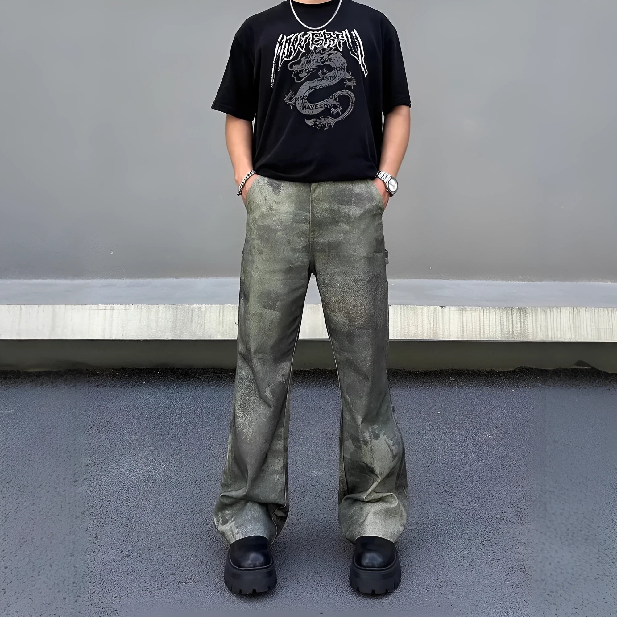 Men's straight-leg jeans with a digital camouflage print on blue denim fabric.