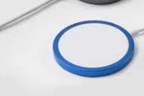 Metal magnetic wireless charger for iPhone 12 and 13 series in silver, black, blue, or red colours with USB cable