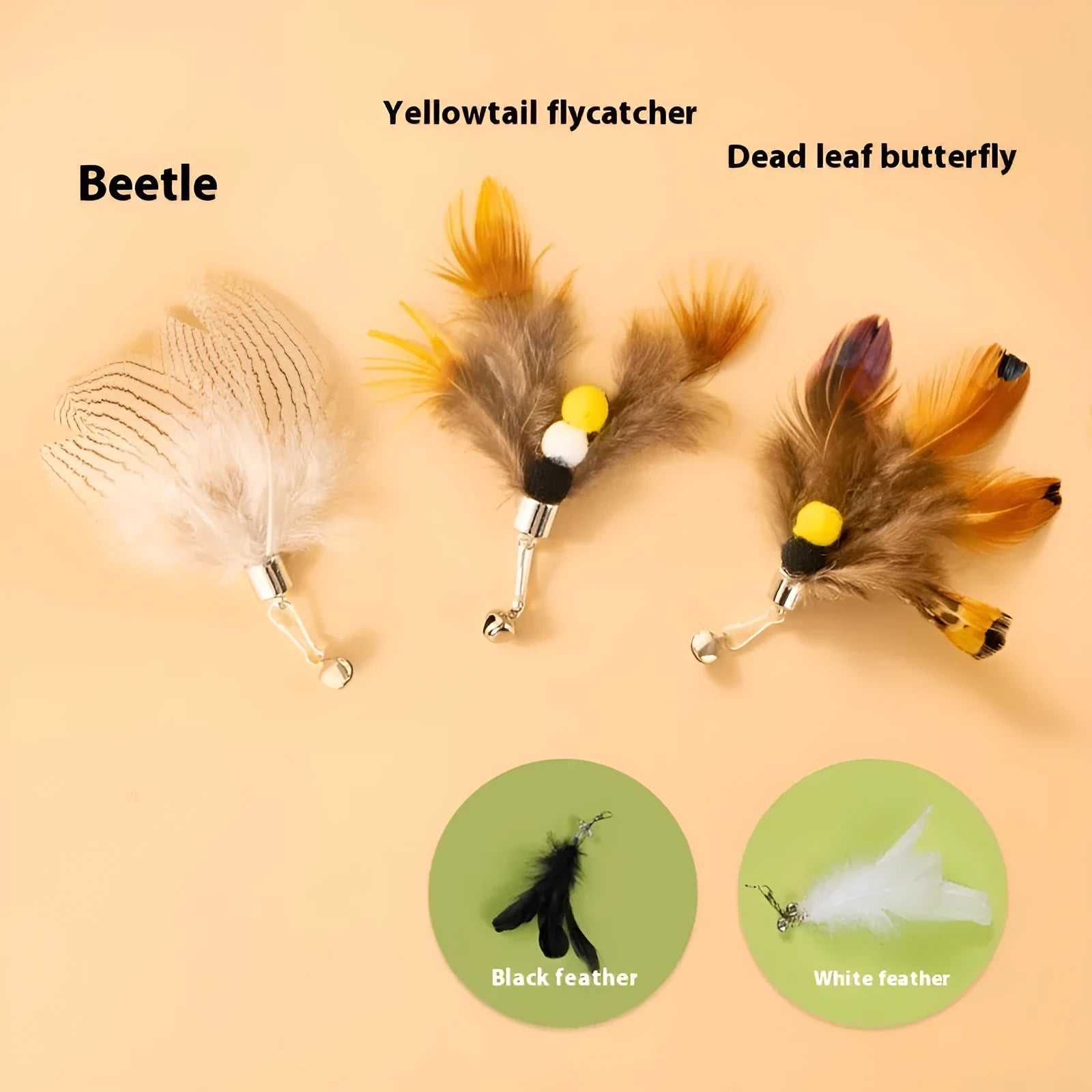 Three steel wire cat toy replacement heads with small flying insect designs for wand attachment