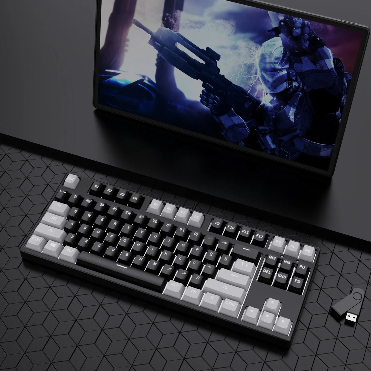 87-key mechanical keyboard with colourful keys on black or white metal chassis
