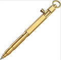 Brass tactical pen with hexagonal bolt design showing brass and black colour options