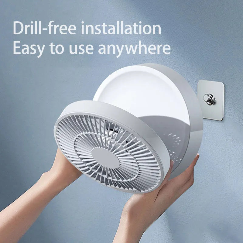 White portable folding fan with remote control shown in desktop and wall-mounted positions