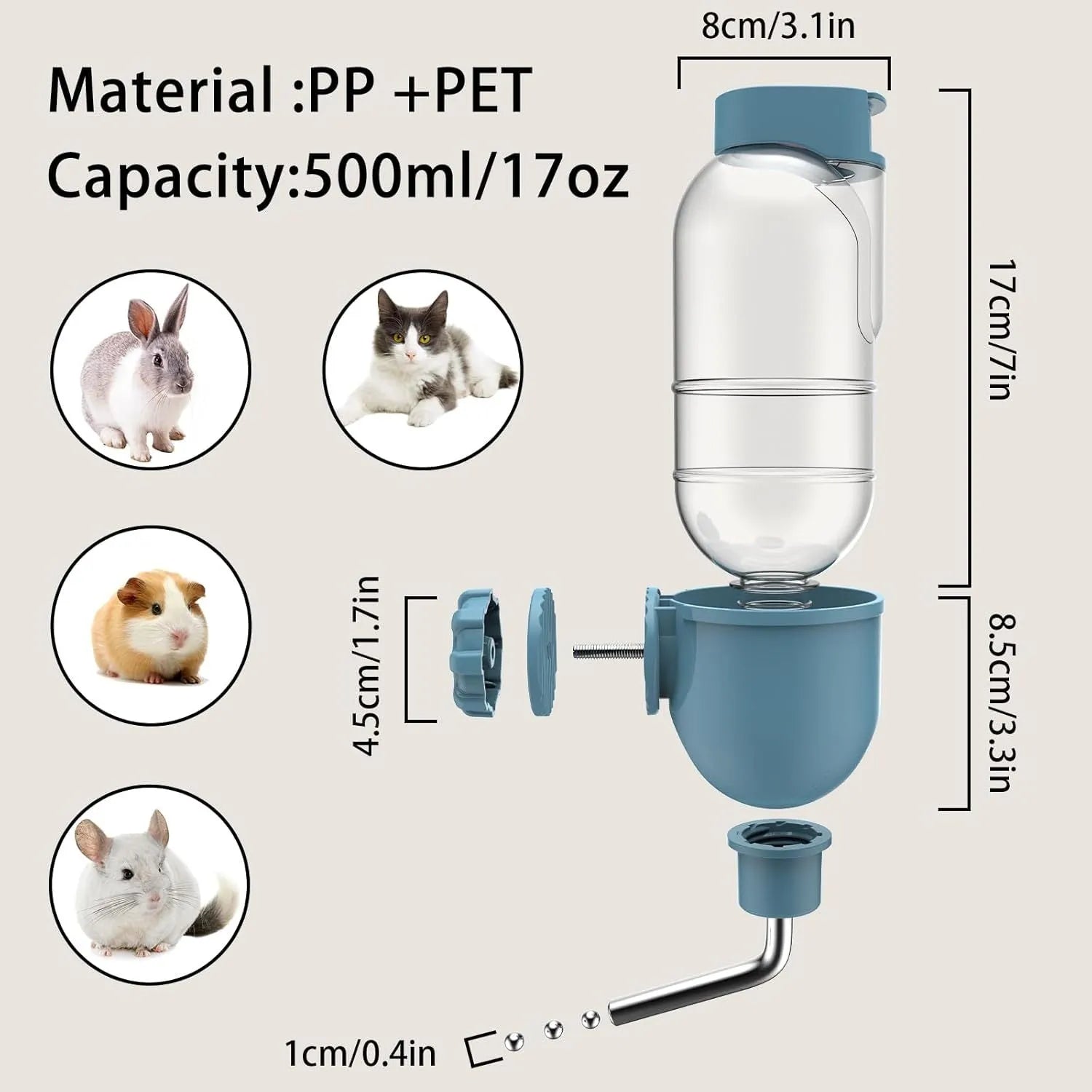 500ml small animal water bottle with rotating nozzle in blue white or yellow for rabbit cage