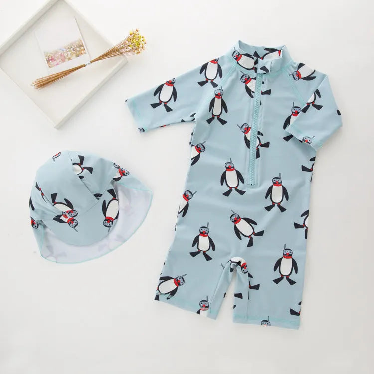 Boys' long sleeve penguin swimsuit with matching swimming cap for beach and pool use