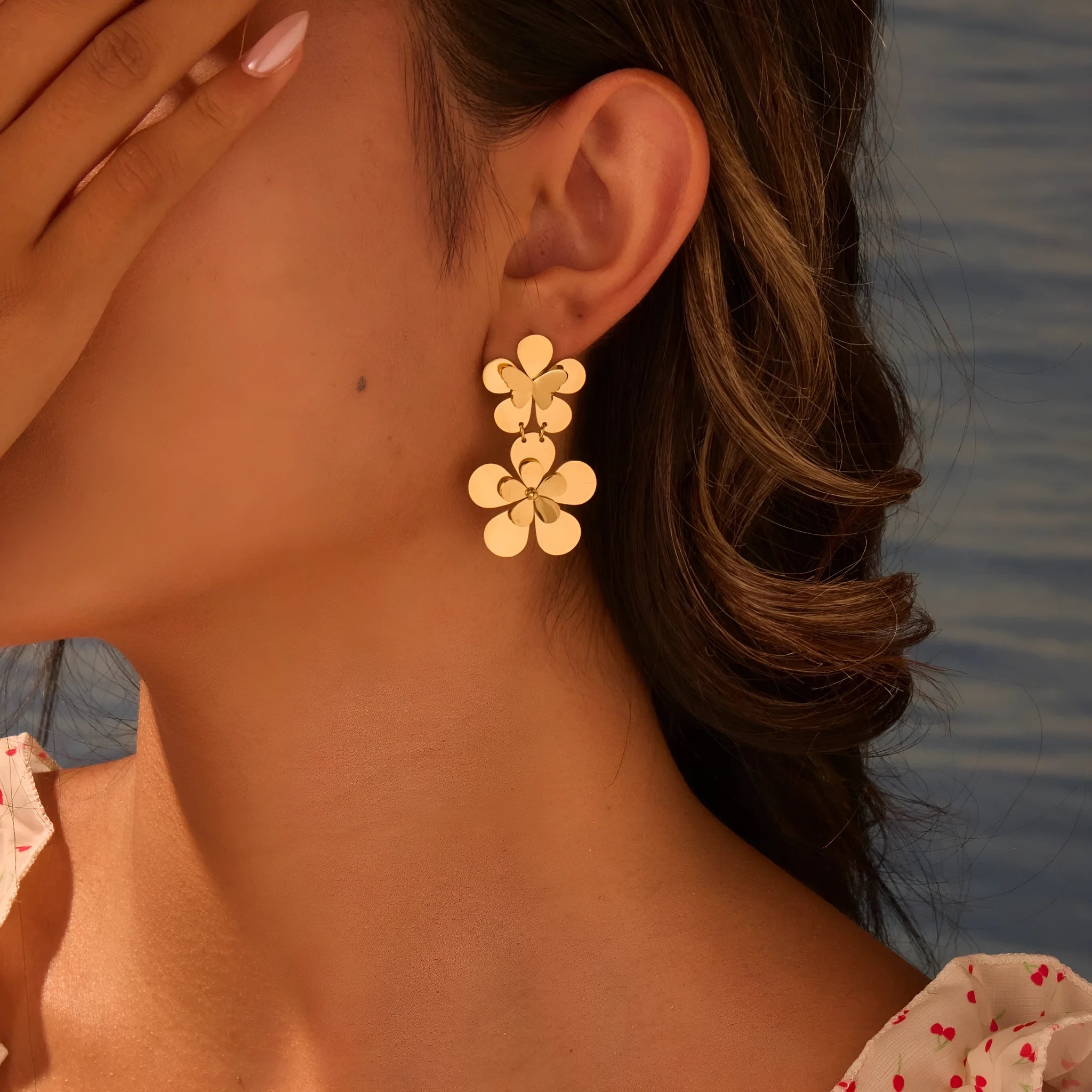 Gold flower butterfly stainless steel earrings for women with 18K electroplating