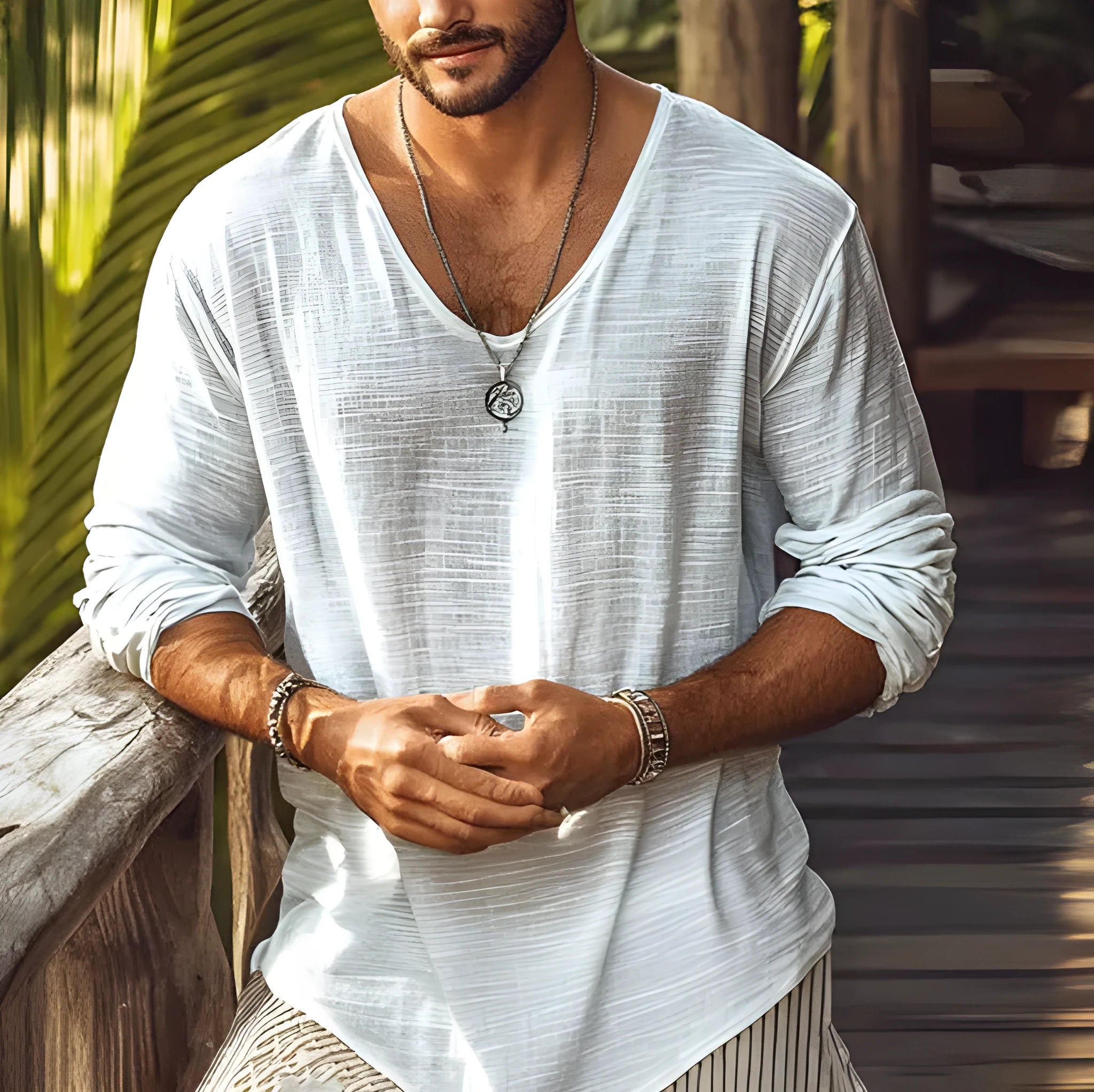 Beige women's V-neck long-sleeved slim-fit T-shirt made from a hemp blend fabric.