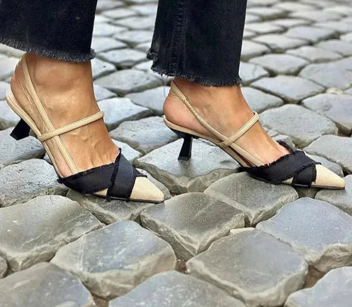 Women's apricot and black colour block pointed toe stiletto sandals with buckle fastening