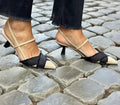 Women's apricot and black colour block pointed toe stiletto sandals with buckle fastening