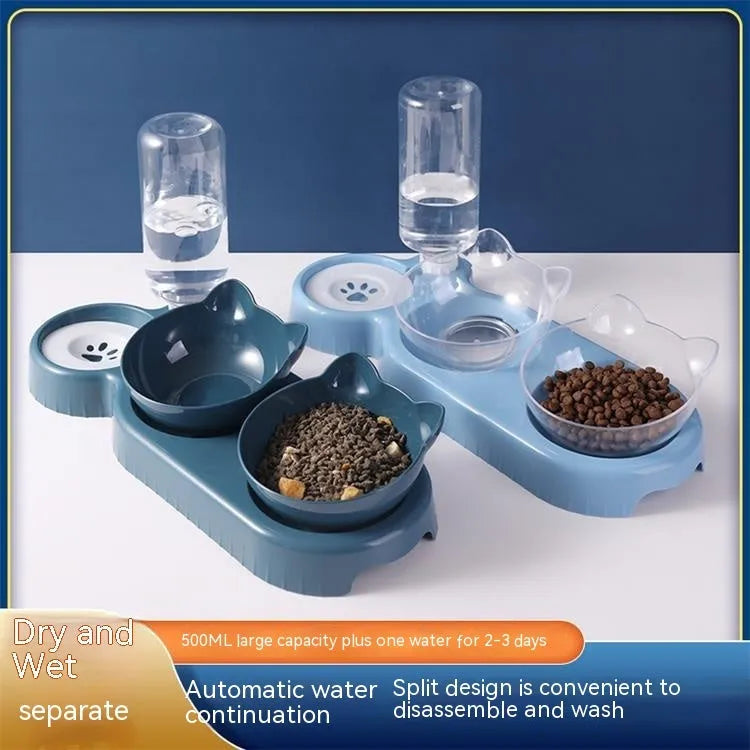 Anti-tumble cat bowl in dark blue, pink, or haze blue with automatic feeding water fountain design