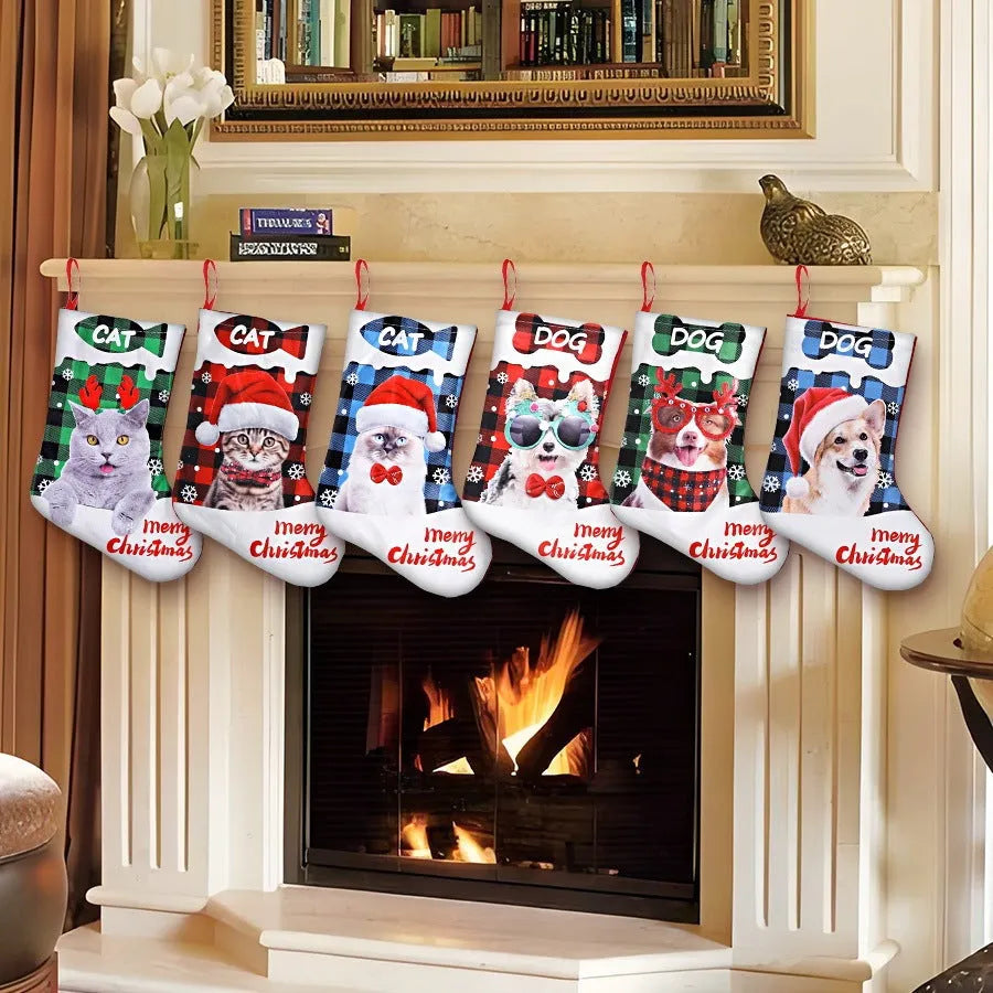 Cloth Christmas decoration with printed puppy or cat design in plaid pattern measuring 26x36cm