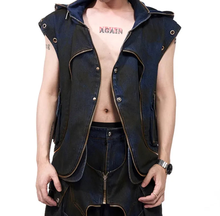 Blue hooded denim vest coat and matching trousers two-piece set Korean style