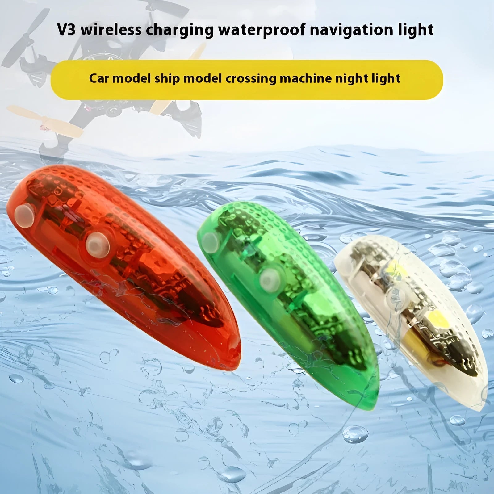 V3 wireless charging waterproof navigation lights for model ships and cars, showing green, red, and white colour options.