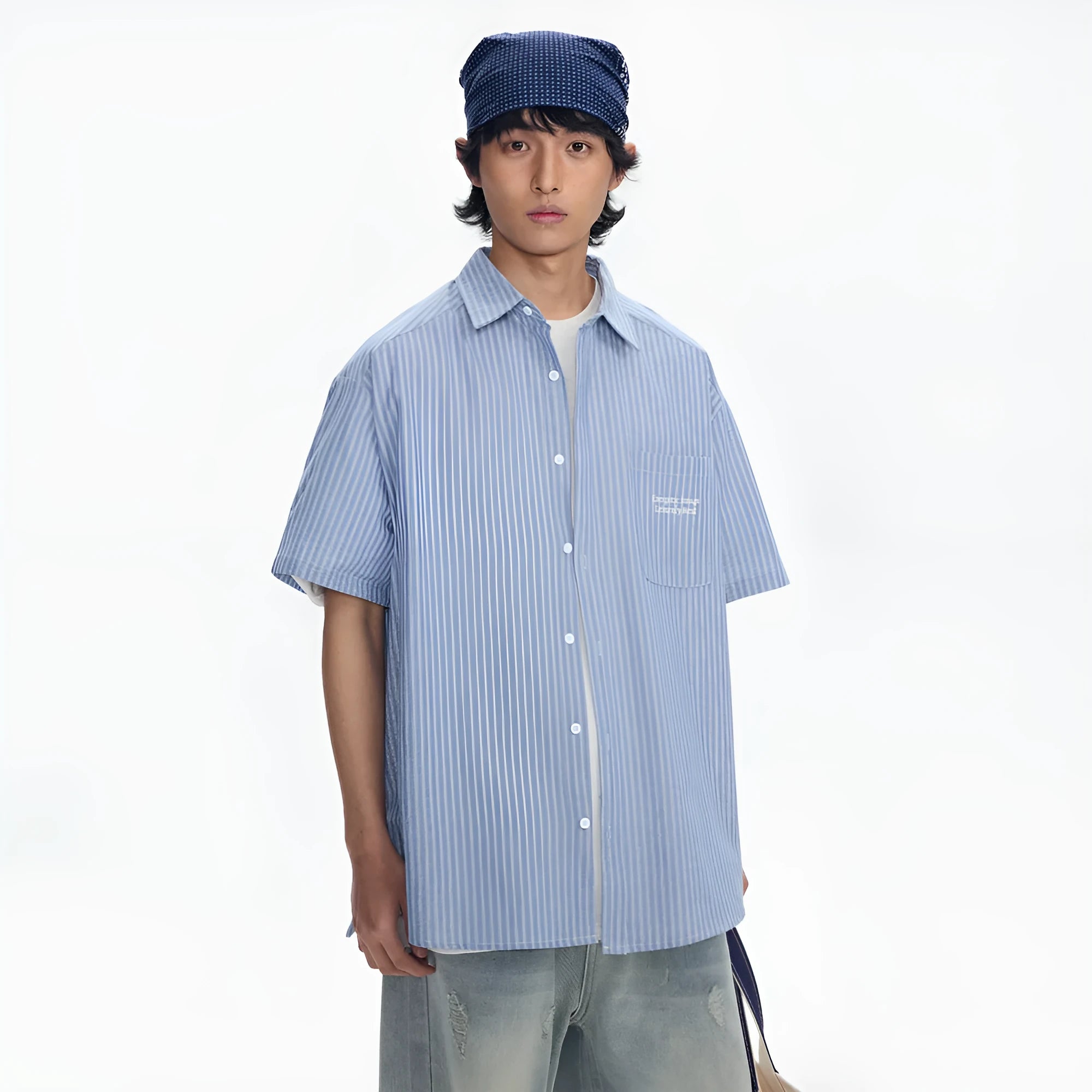 Blue striped short-sleeved shirt cardigan with a loose fit on a hanger.