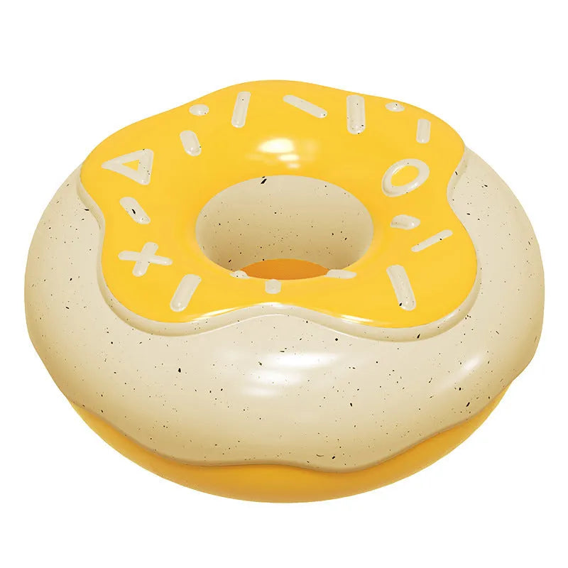 Pink, yellow, and chocolate coloured donut-shaped dog chew toy with textured surface