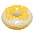 Pink, yellow, and chocolate coloured donut-shaped dog chew toy with textured surface