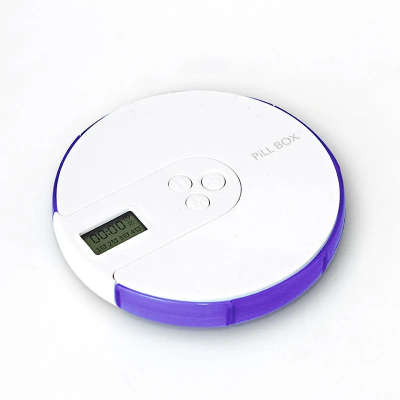 Blue 7-compartment alarm clock pill dispenser showing timer display and weekly medicine slots