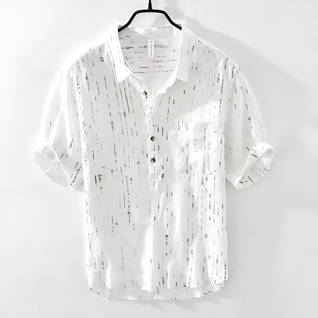 Men's loose fit summer polo shirt in white or black with lapel collar and short sleeves