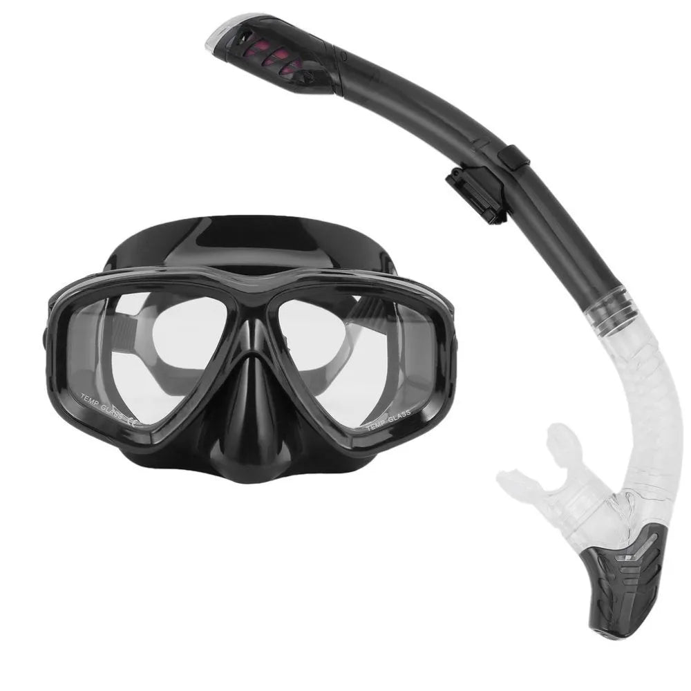 Black diving goggles with anti-fog lens, PC frame, and a silicone mouthpiece and strap for snorkelling.