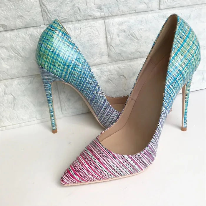 Ladies' pointed toe high heels with pink to blue gradient patent leather and a high heel.