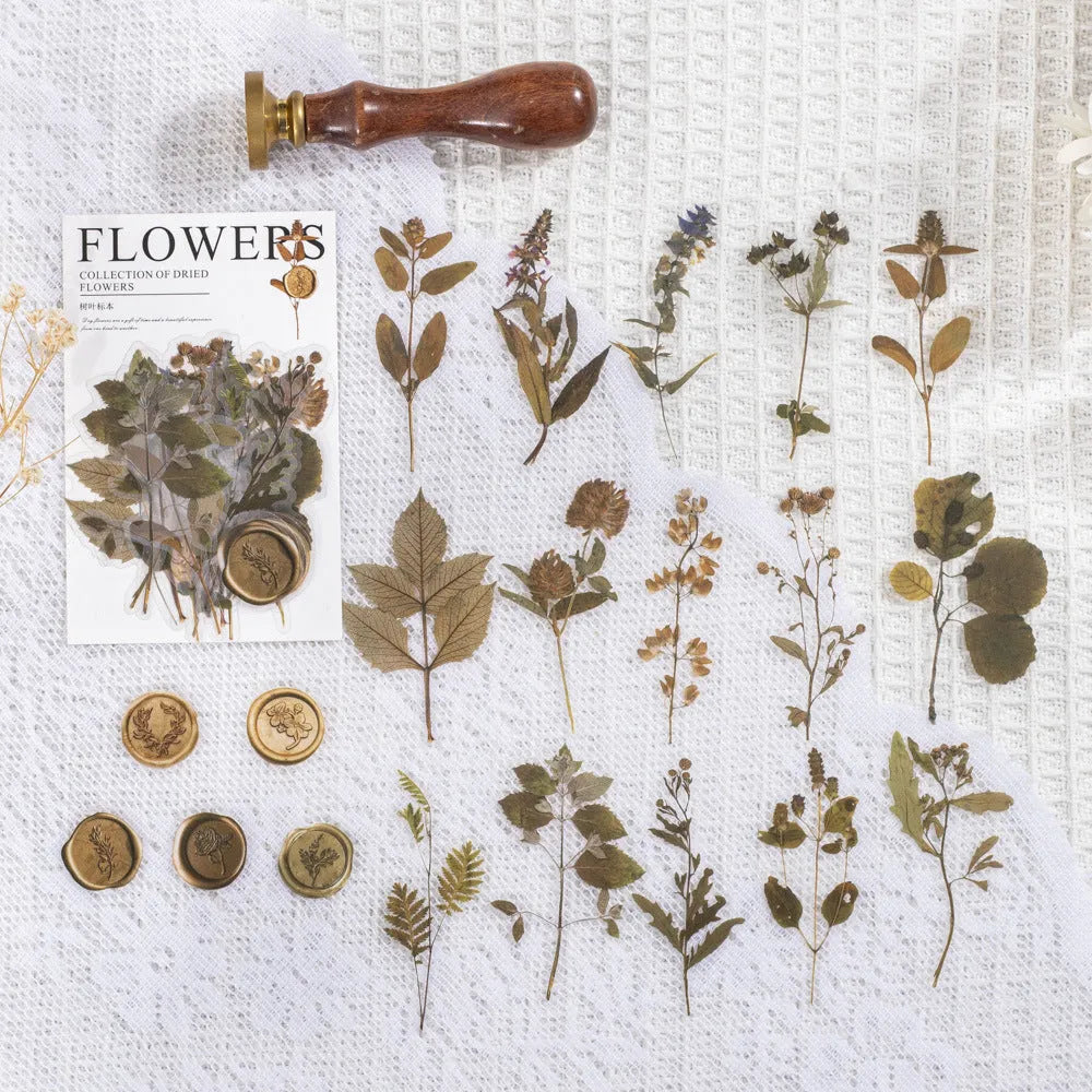 Eight styles of dried flower journal stickers in Dark Night Purple, rose nebula and other colours at 70mm size
