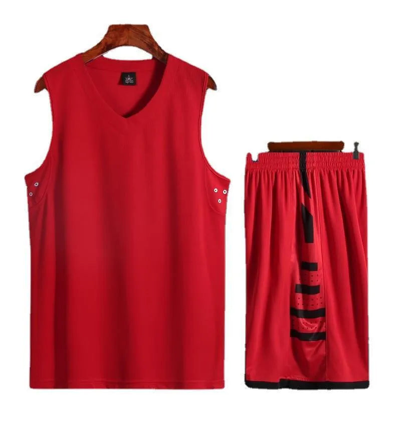 Chemical fibre blend basketball training vest and pants set in black or white colours with extended size range