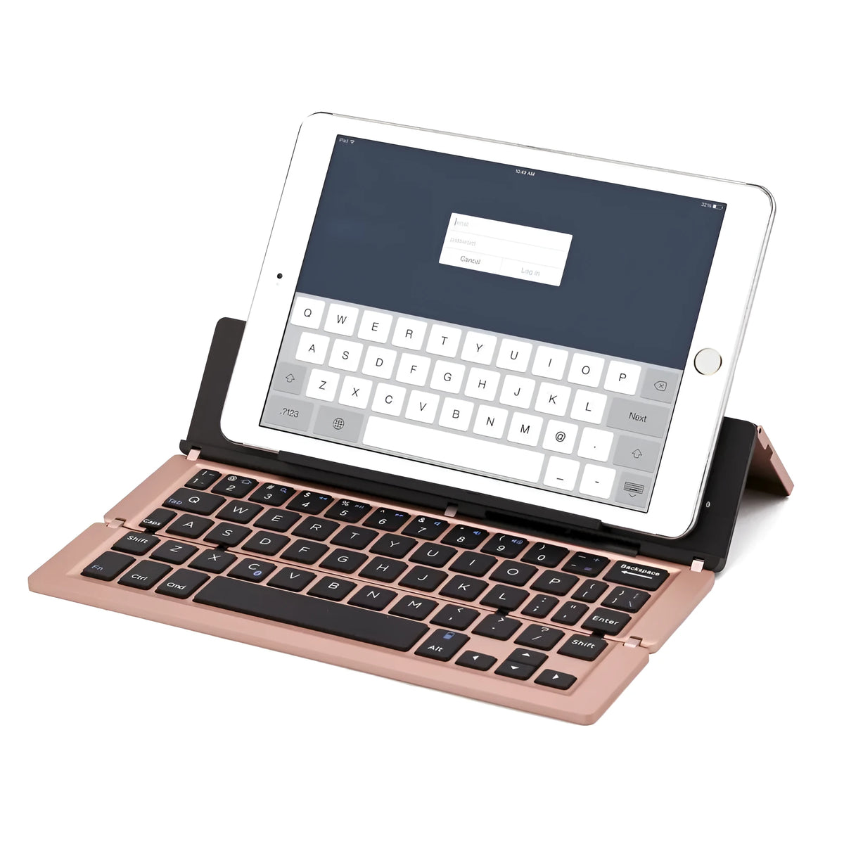 F18 three-fold folding wireless keyboard in aluminum alloy and ABS plastic, 58 keys, 22.6cm wide, Bluetooth, rechargeable.