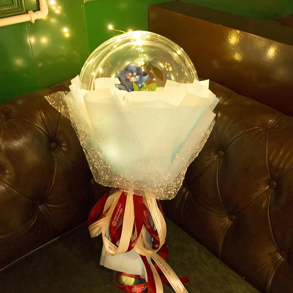 LED luminous transparent bobo balloon rose bouquet with artificial flowers and integrated lighting