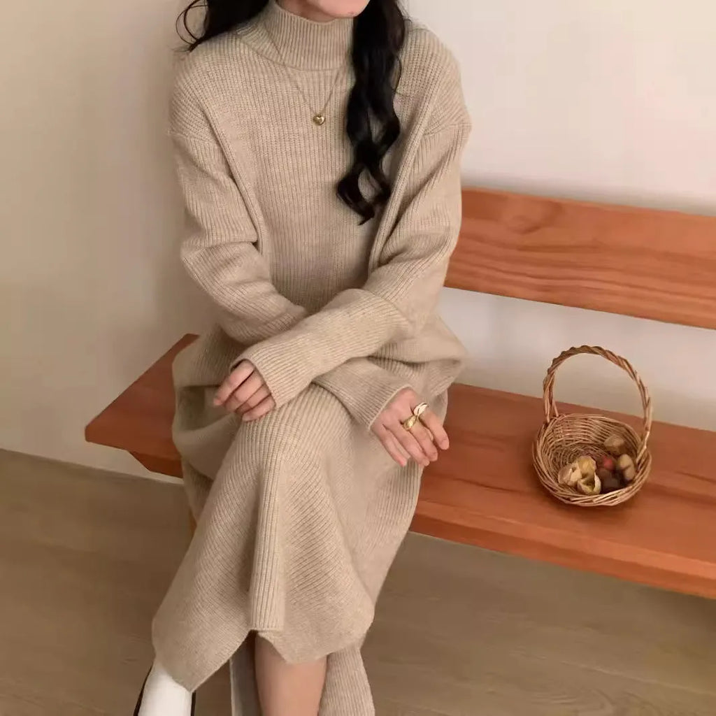 Half turtleneck acrylic knitted dress in midi length with long sleeves and high waist
