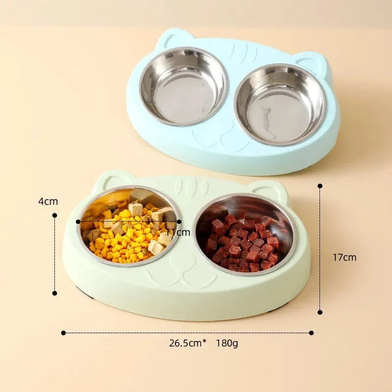 Blue, green, and pink macaron-shaped plastic double bowl pet feeding tray for cats and dogs.