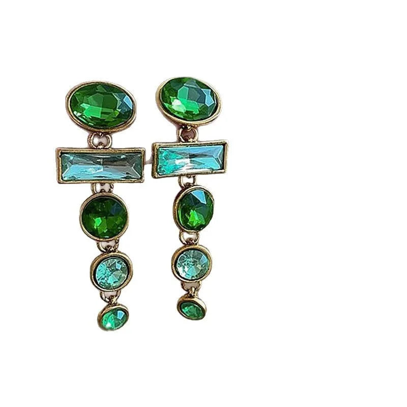 Geometric green gradient alloy earrings with zircon inlays and decorative tassels