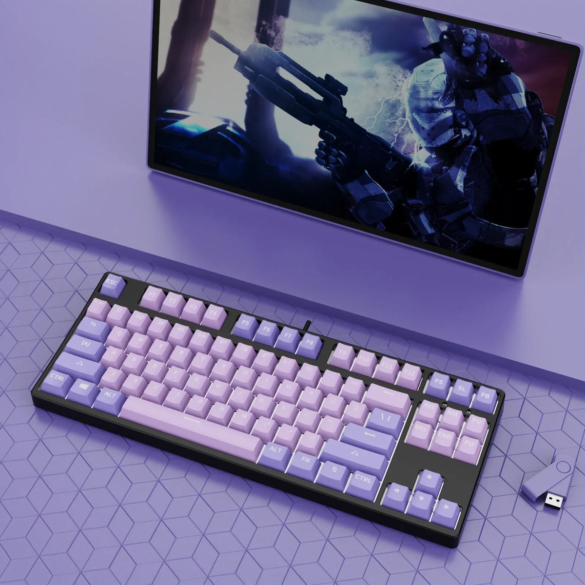 87-key mechanical keyboard with colourful keys on black or white metal chassis