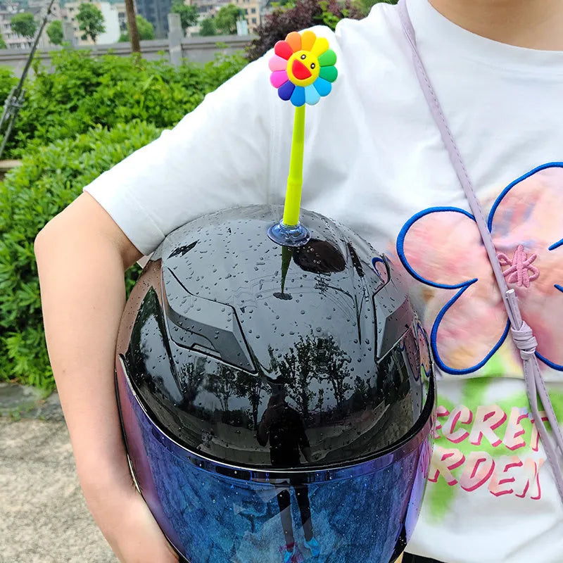 Yellow silicone swinging sunflower helmet decoration with suction cup base for motorcycle