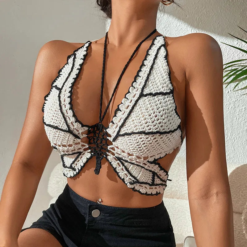 Women's classic black and white two-piece acrylic bikini swimsuit.