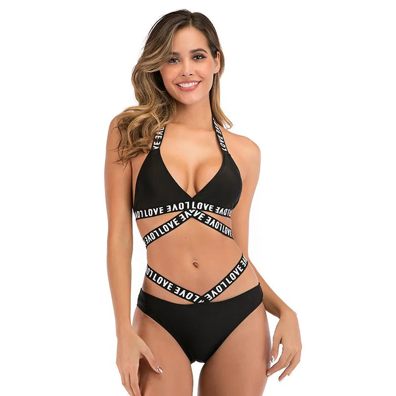 Women's printed strap swimsuit, polyester one-piece, white black pink, sizes S to XL